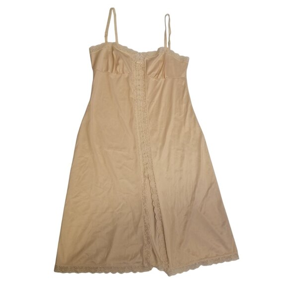 Vintage Beige/Nude Lace Slip Dress Kayser Bow Chemise Night Gown Made in Canada - Picture 1 of 12